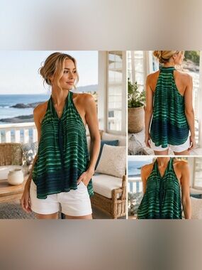 Anthropologie Waverly Grey 100% Silk Green Blue Hi-Lo Halter Tank Top XS